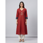 Anvita Crimson Red Pure Cotton Straight Kurta – Floral Digital Print & Contrast Cuffs