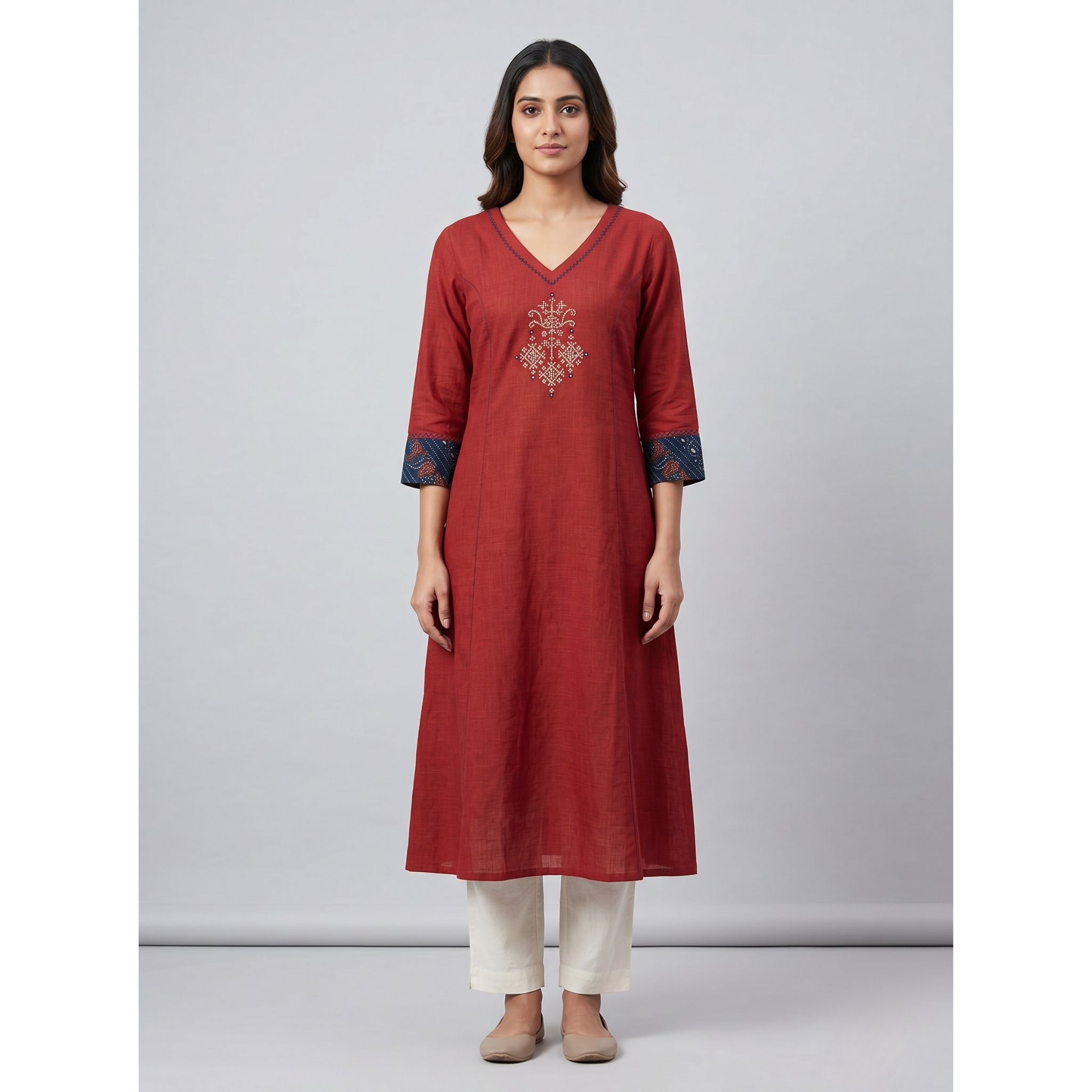 Anvita Crimson Red Pure Cotton Straight Kurta – Floral Digital Print & Contrast Cuffs