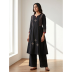 Anvita Jet Black Cotton Straight-Cut Kurta Set – Geometric Digital Print & Palazzo