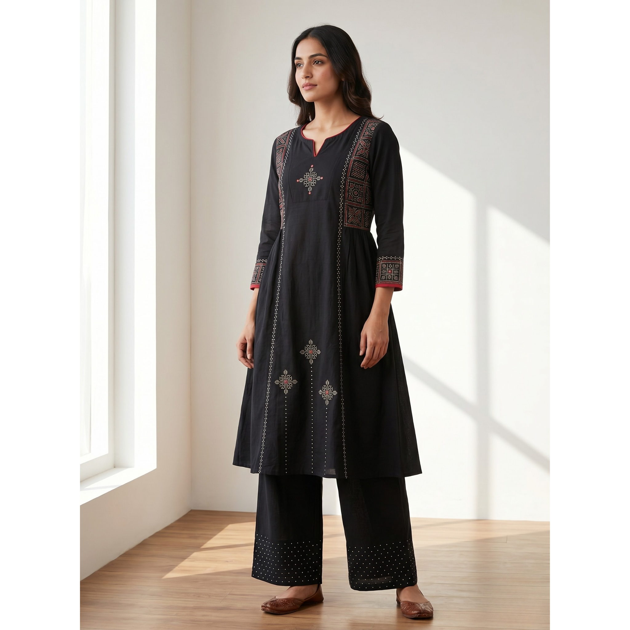 Anvita Jet Black Cotton Straight-Cut Kurta Set – Geometric Digital Print & Palazzo