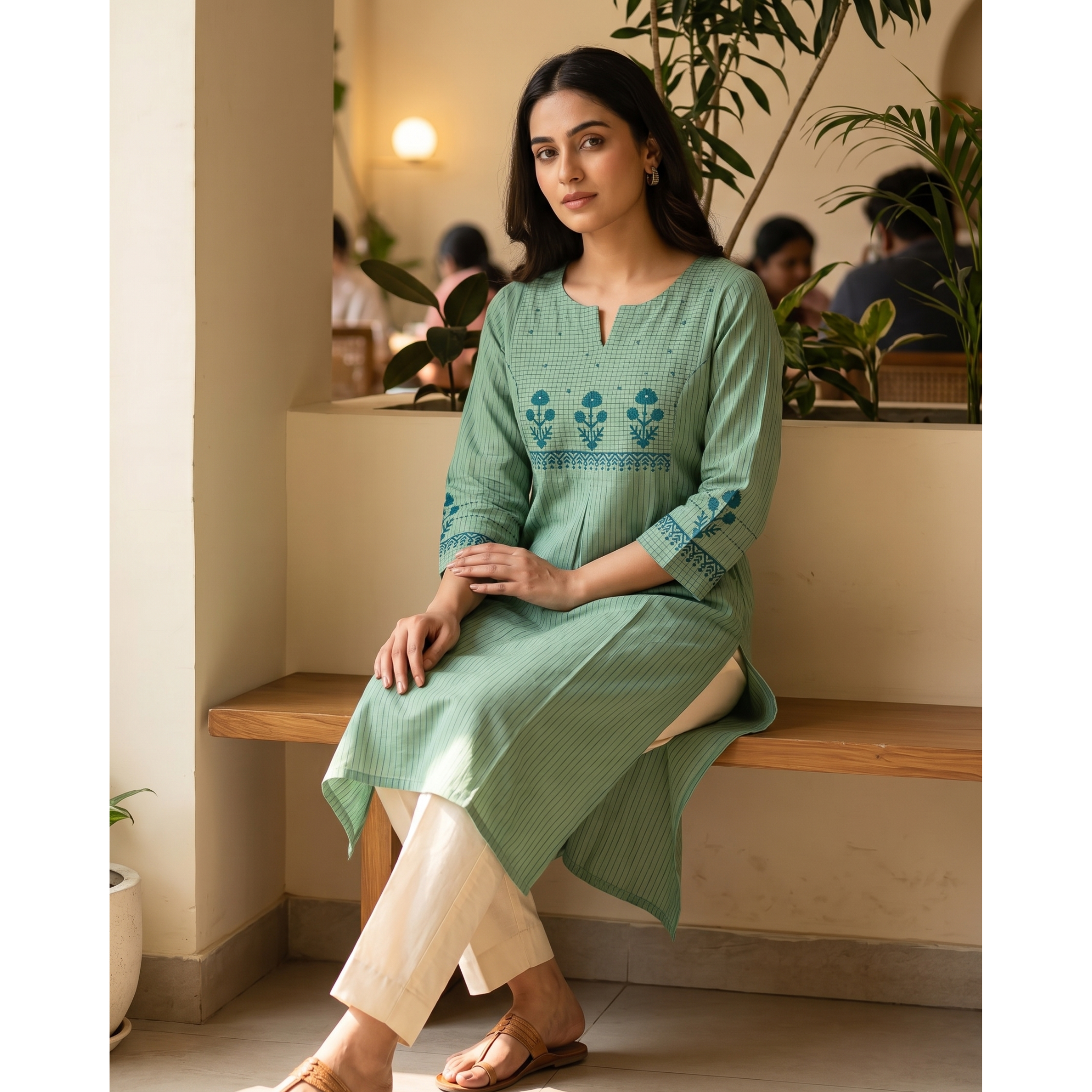 Anvita Sage Green Pure Cotton Straight Kurta – Blue Floral Embroidery & Vertical Stripes