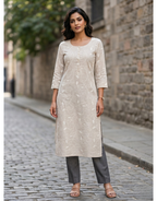 Revanta Off-White Cotton Slub Kurta – Subtle Thread-Work Vine Pattern – Contemporary Chic