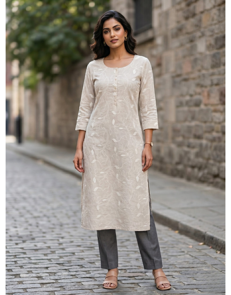 Revanta Off-White Cotton Slub Kurta – Subtle Thread-Work Vine Pattern – Contemporary Chic
