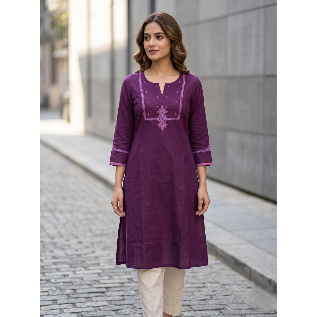 Anvita Plum Purple Pure Cotton Straight Kurta – Mandalic Digital Print & V-Split Neck