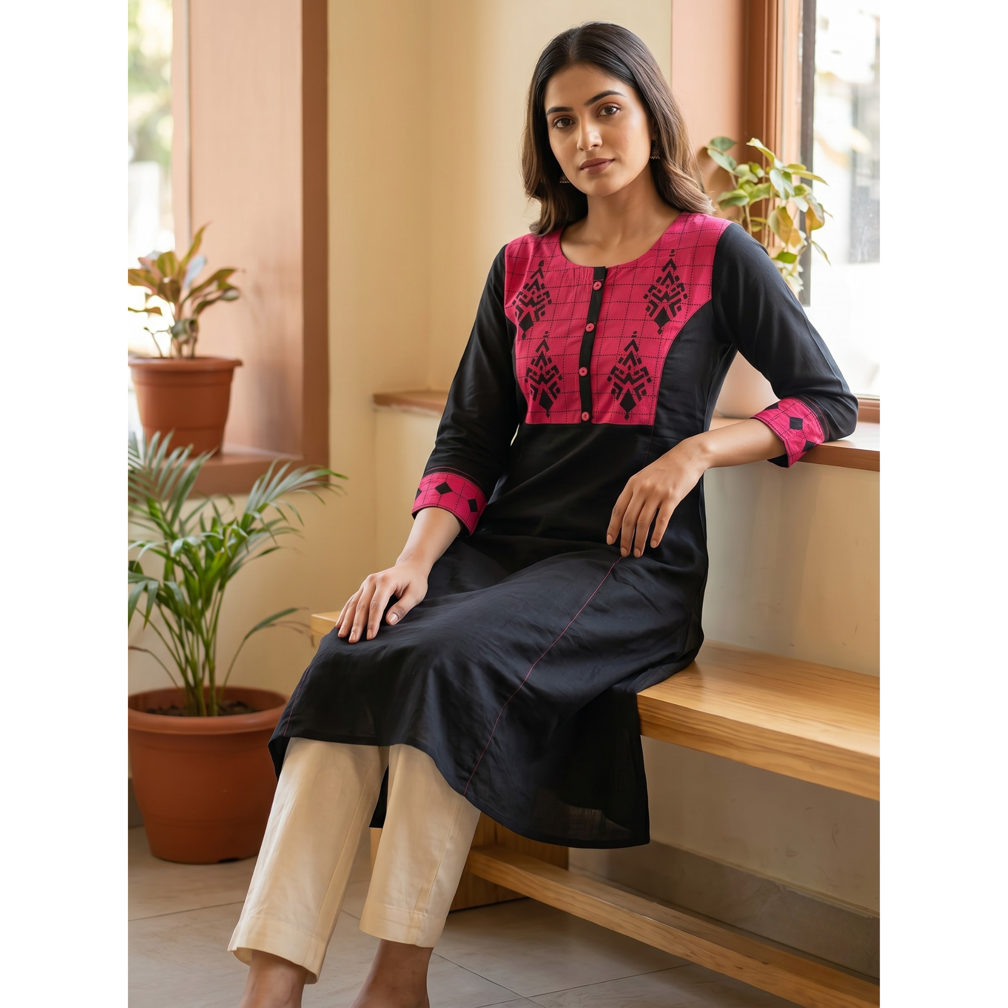 Anvita Jet Black Cotton Straight Kurta – Contrast Pink Yoke & Geometric Digital Print