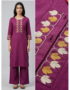 Anvita Plum Purple Cotton Slub Kurta – Embroidered Leaf Yoke Coord Set