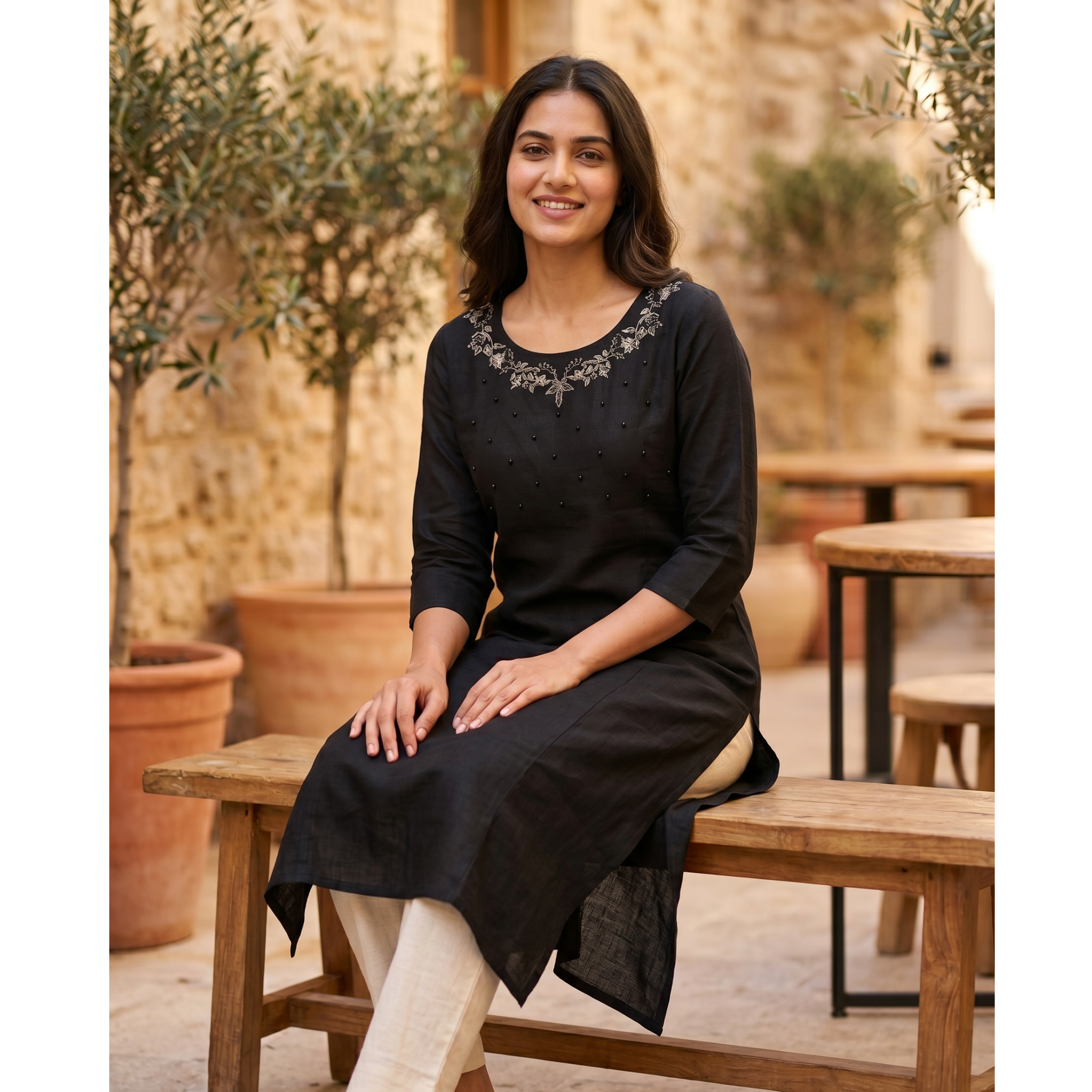 Vertician Black Crushed Nylon A-Line Kurta – Bead Handwork Neck – Premium Party Wear with Lining
