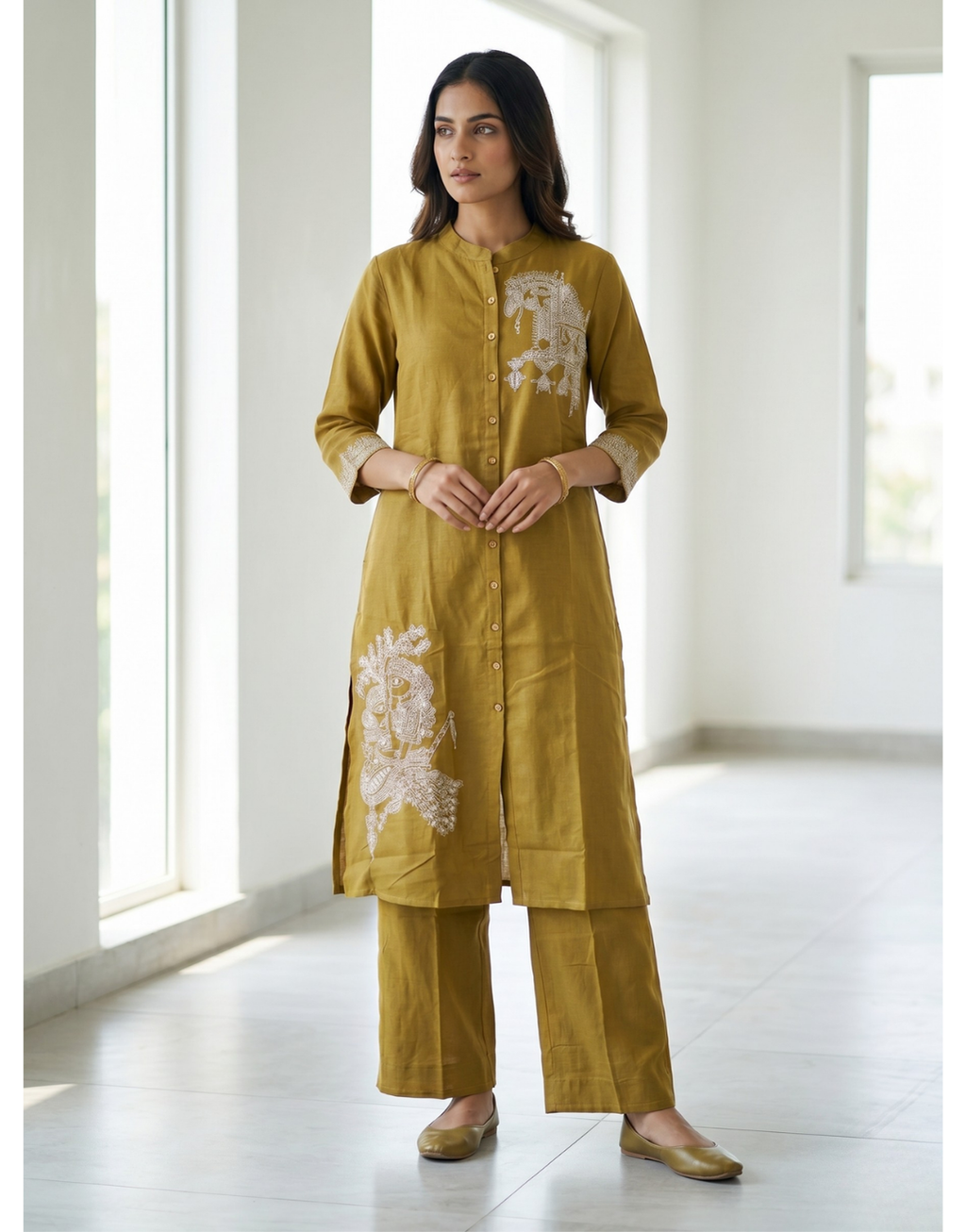 Revanta Olive Green Cotton Co-ord Set – Digital Print Button-Down Kurta with Palazzo Pants
