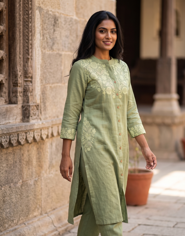 Olive Green Cotton Linen Kurta Set – Tonal Floral Embroidery – Sophisticated 2-Piece Co-ord