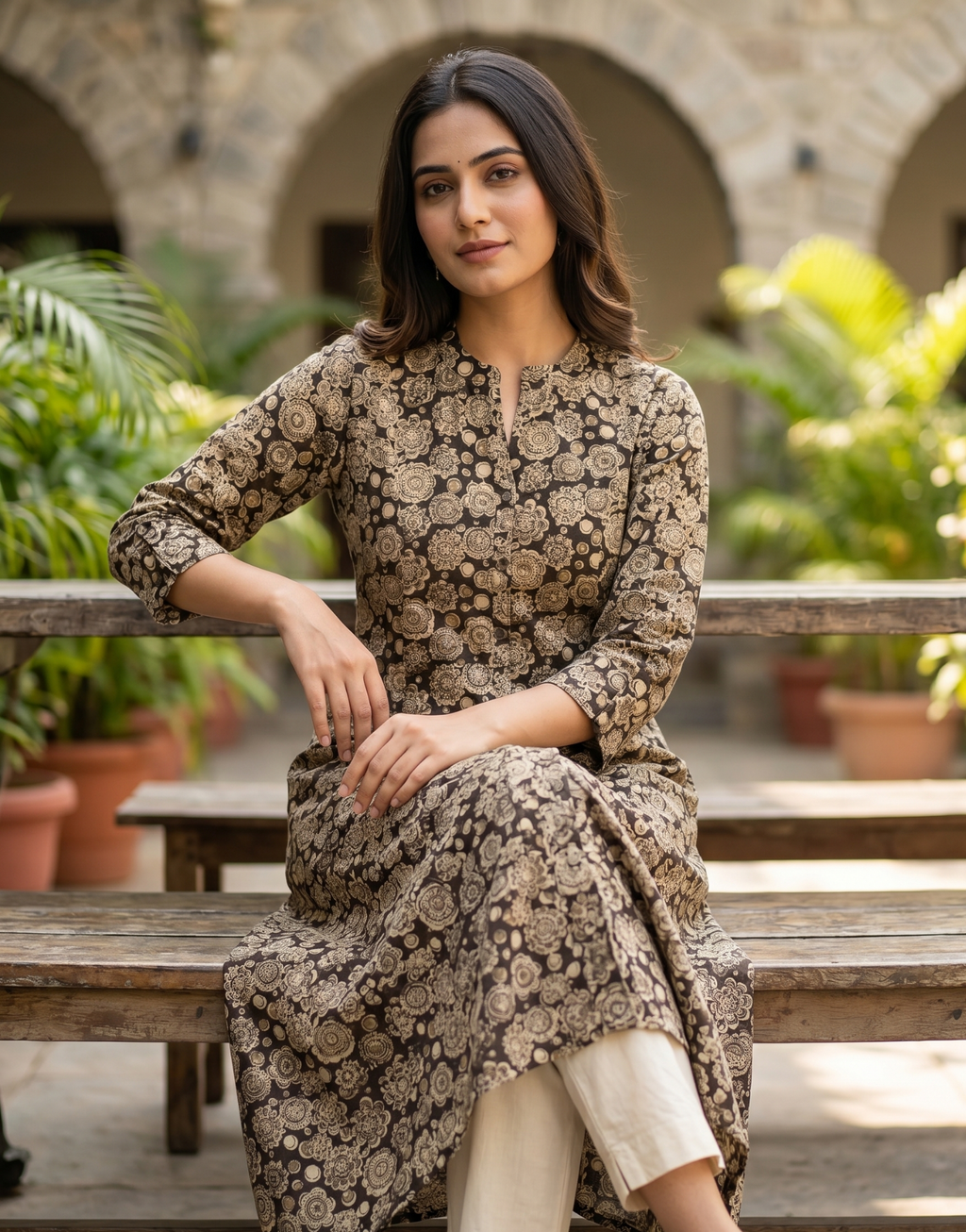 Anvita Brown Floral Print A-Line Kurta – Elegant Mandarin Collar Ethnic Daily Wear