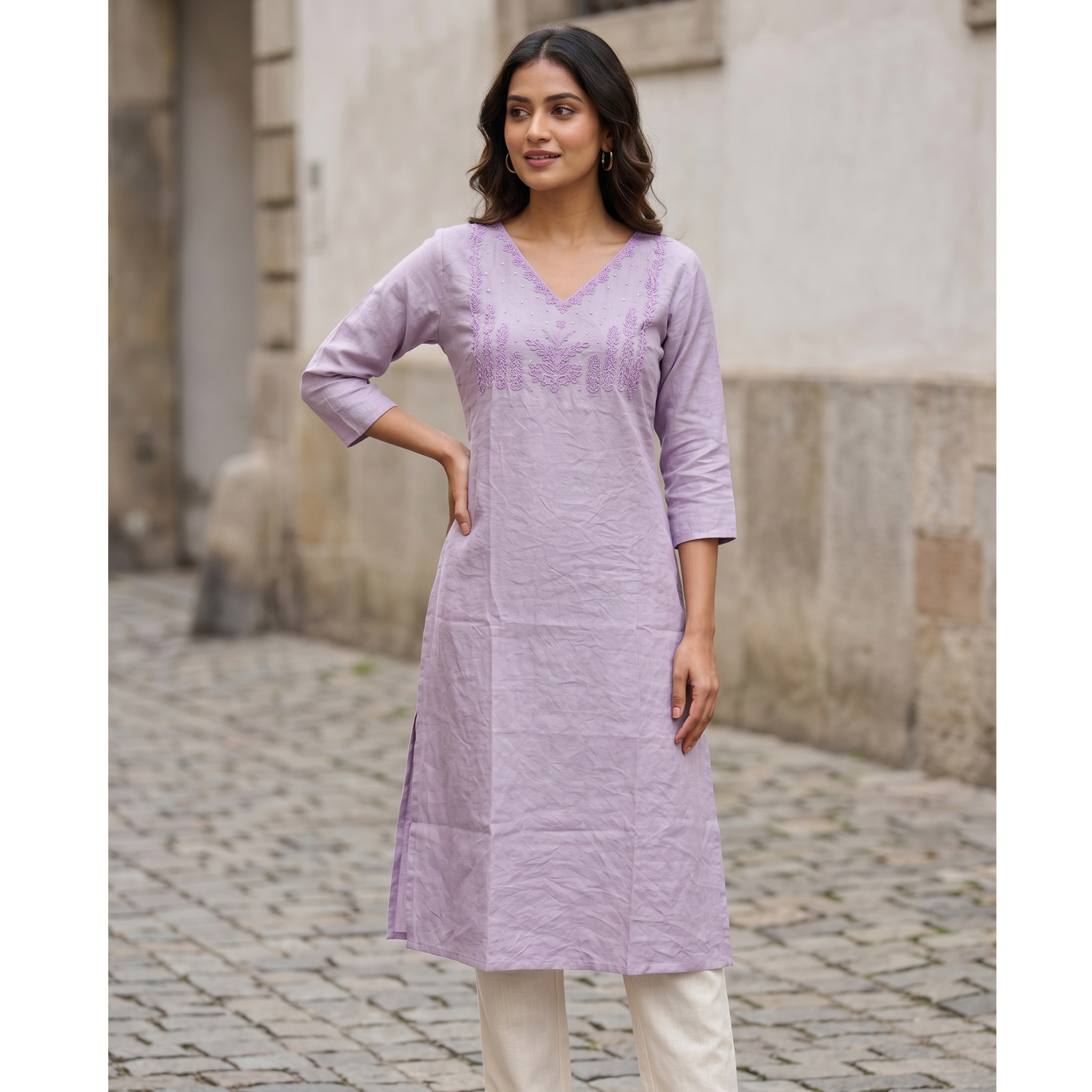 Women’s A-Line Kurti in Crushed Nylon with Bead Handwork and Lining
