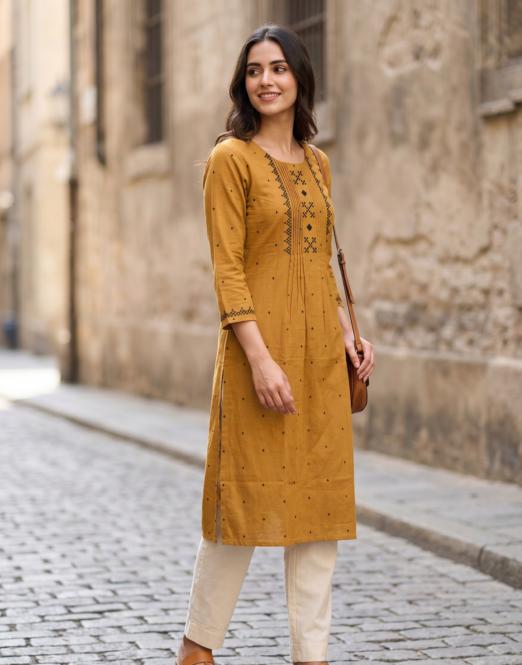 Anvita Mustard Yellow Pure Cotton Kurta – Embroidered Yoke & Subtle Motif Detailing