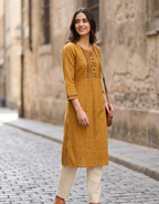 Anvita Mustard Yellow Pure Cotton Kurta – Embroidered Yoke & Subtle Motif Detailing