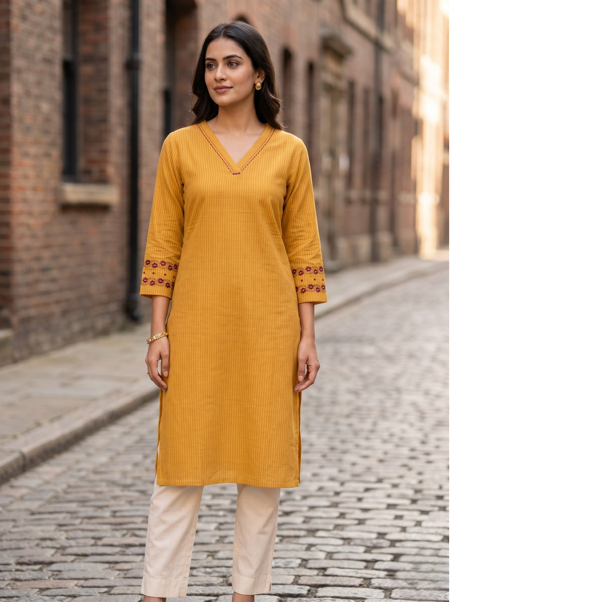 Anvita Golden Yellow Cotton Straight Kurta – Vertical Stripes & Floral Digital Print