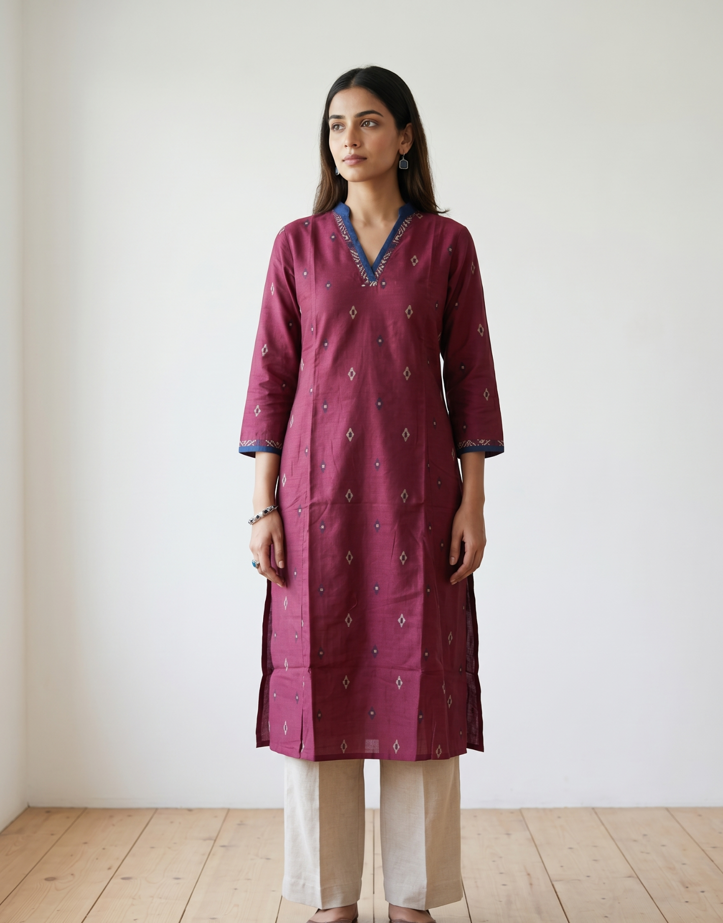 Anvita Deep Maroon Pure Cotton Kurta – Elegant Geometric Motif & V-Neckline