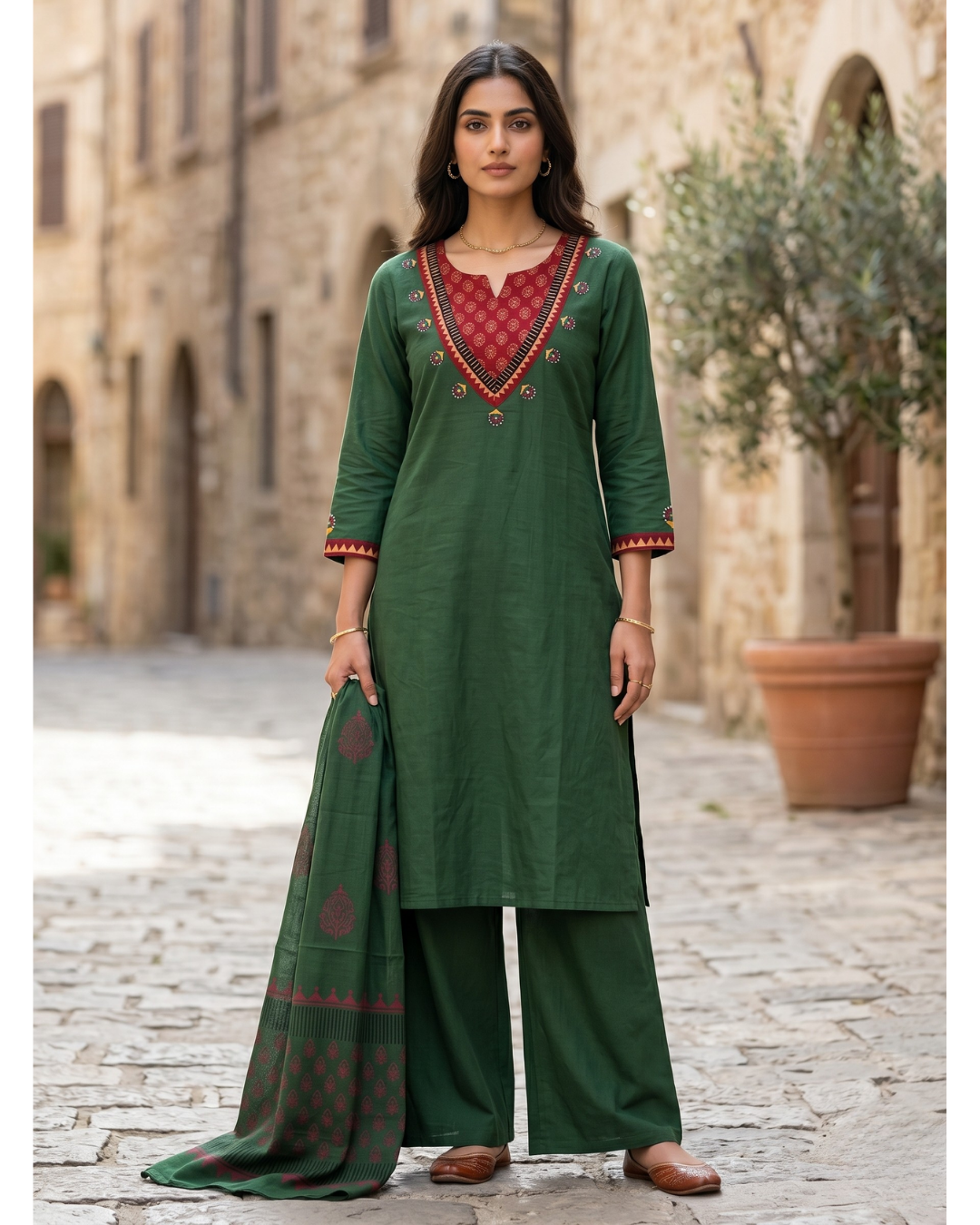 Green Cotton Kurta Palazzo Set with Dupatta – Contrast Yoke & Digital Print