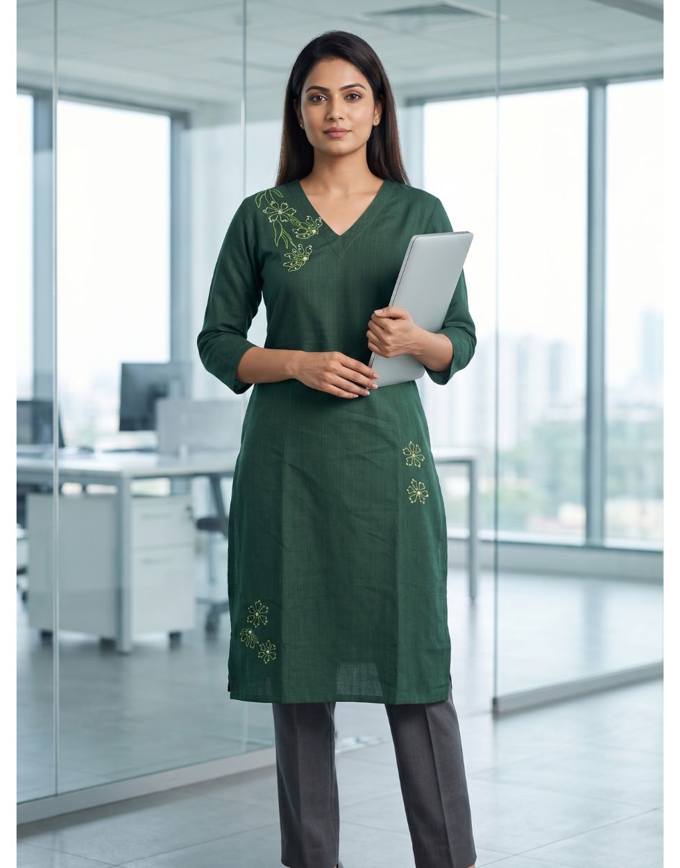Anvita Emerald Green Cotton Slub Kurta – Asymmetric Floral Print – Chic Casual Wear