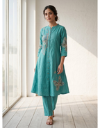 Revanta Teal Cotton A-Line Co-ord Set – Butterfly Digital Print Kurta with Pants