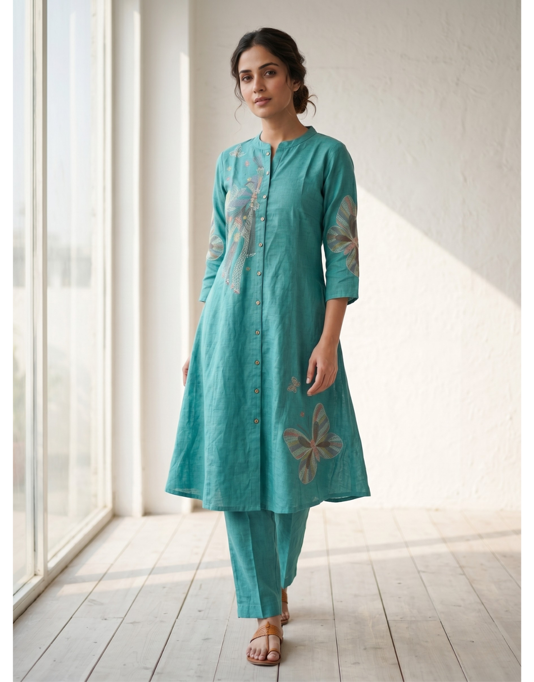 Revanta Teal Cotton A-Line Co-ord Set – Butterfly Digital Print Kurta with Pants