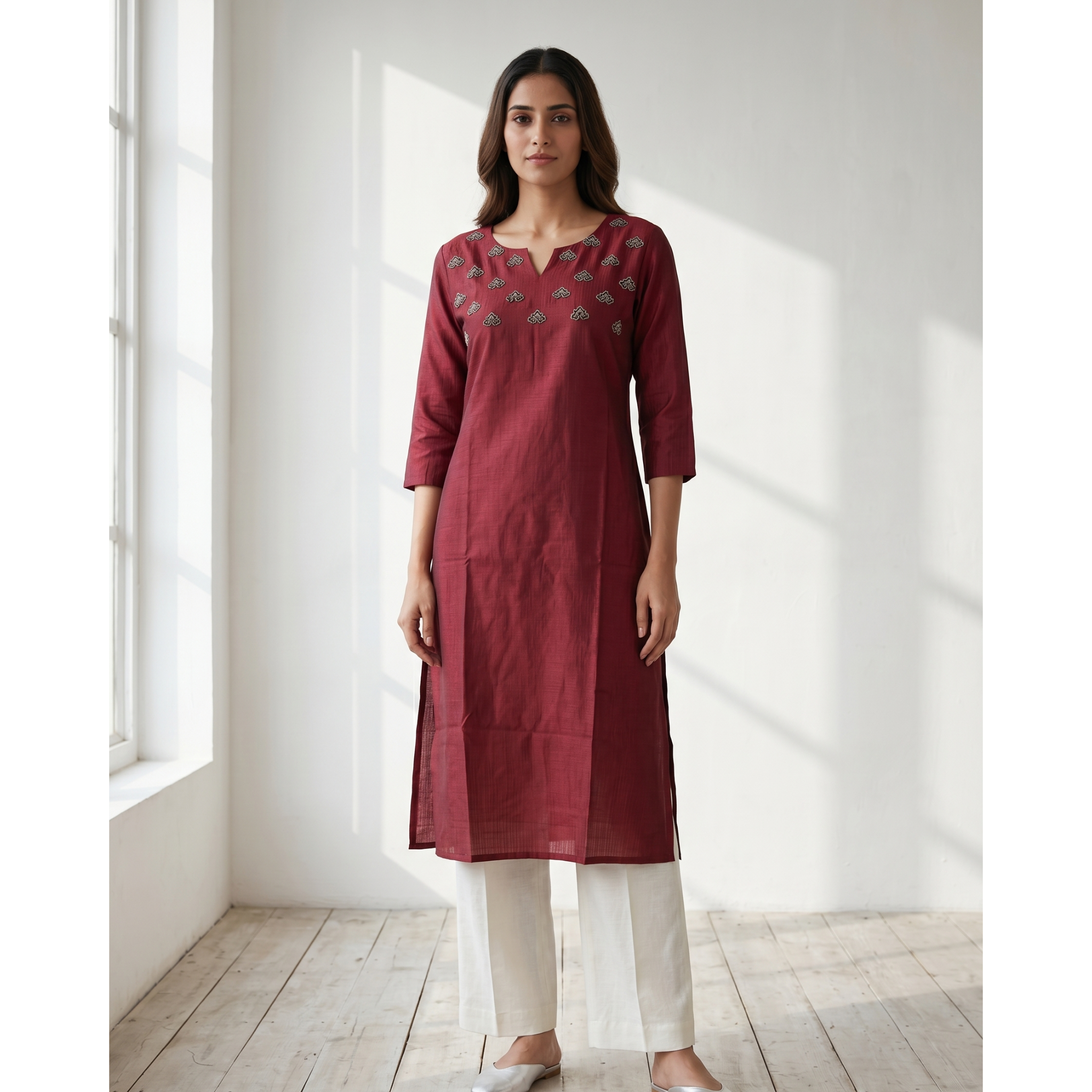 Vertican Maroon A-Line Kurta – Textured Fabric with Handwork Detail – Premium Women's Ethnic Wear