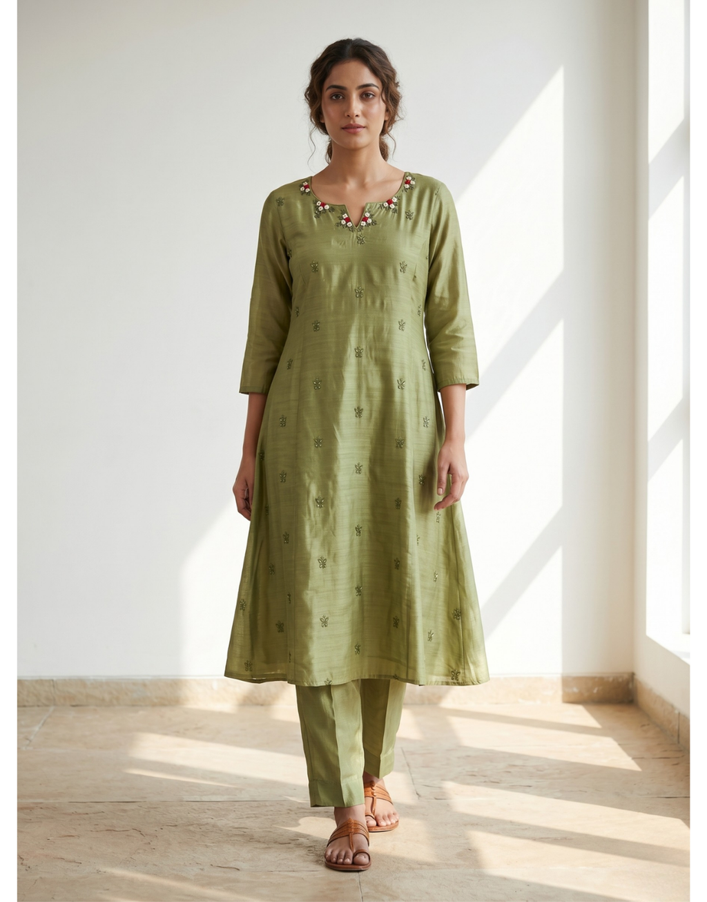 Revanta Green Mul Chanderi Co-ord Set – Embroidered A-Line Kurta with Pants