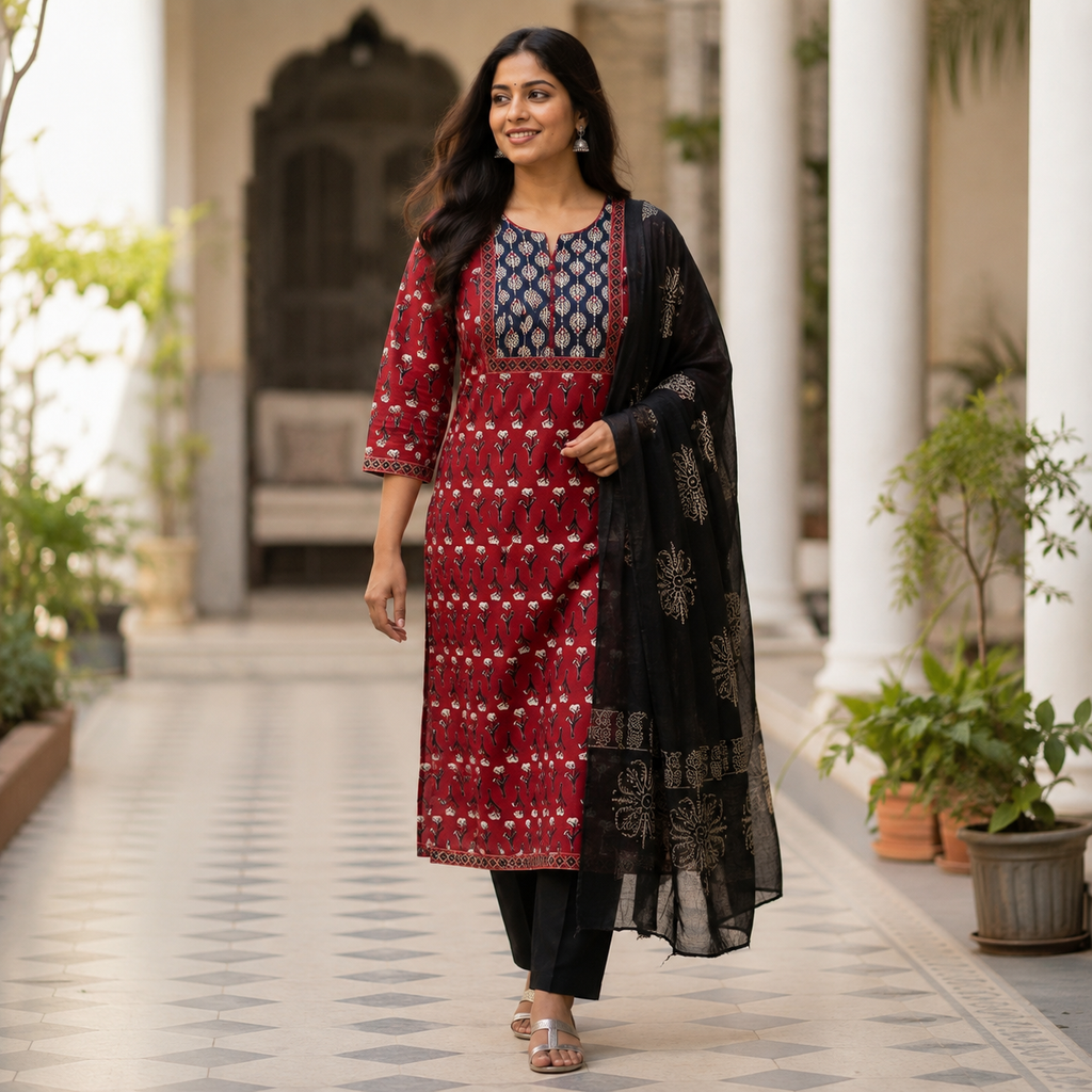 Revanta Red & Navy Printed Cotton Kurta Set with Black Dupatta