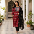 Revanta Red & Navy Printed Cotton Kurta Set with Black Dupatta