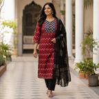 Revanta Red & Navy Printed Cotton Kurta Set with Black Dupatta