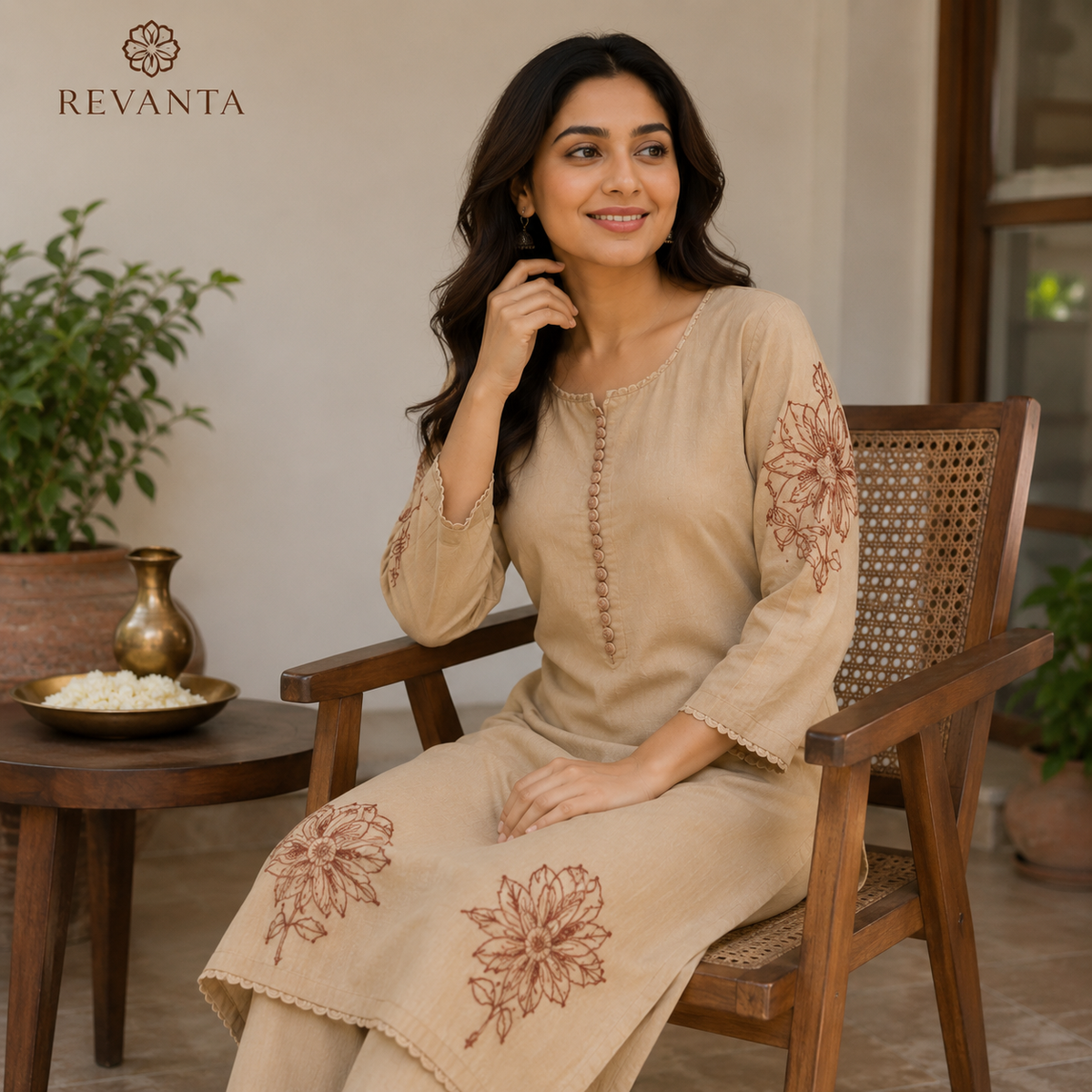 Revanta Sand Beige Embroidered Kurta Pant Set with Floral Motifs