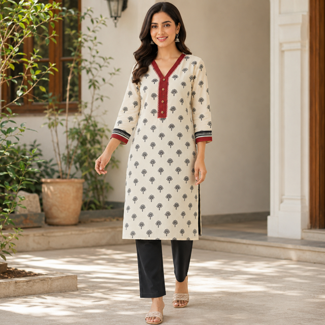 Anvita Ivory Cotton Printed Kurta with Red V-Neck & Contrast Sleeve Border