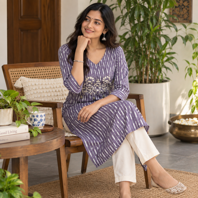 Anvita Purple Striped Cotton Kurta with Floral Yoke Embroidery & 3/4 Sleeves