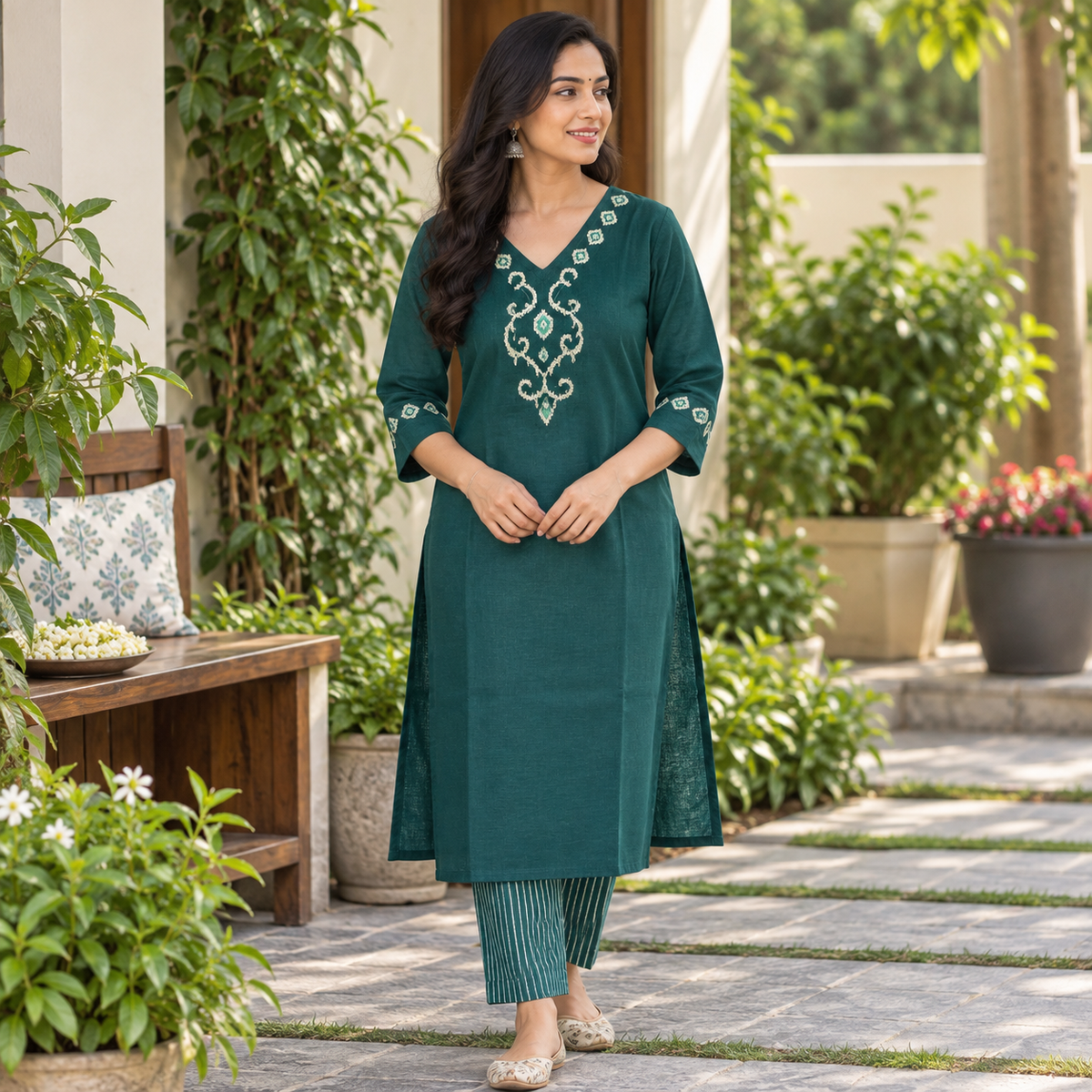 Anvita Forest Green Embroidered Cotton Kurta with Striped Pants | Ethnic Wear Set