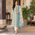 Revanta Cream & Teal Blue Cotton Kurta Set  | Floral Print & Embroidered Yoke
