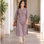 Anvita Lavender Grey Floral Cotton Printed Kurta with Pintuck V-Neck Detail
