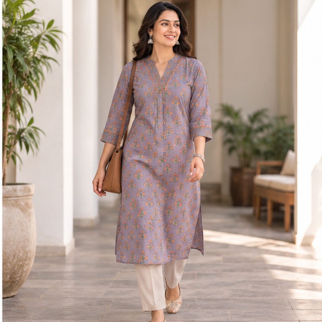 Anvita Lavender Grey Floral Cotton Printed Kurta with Pintuck V-Neck Detail