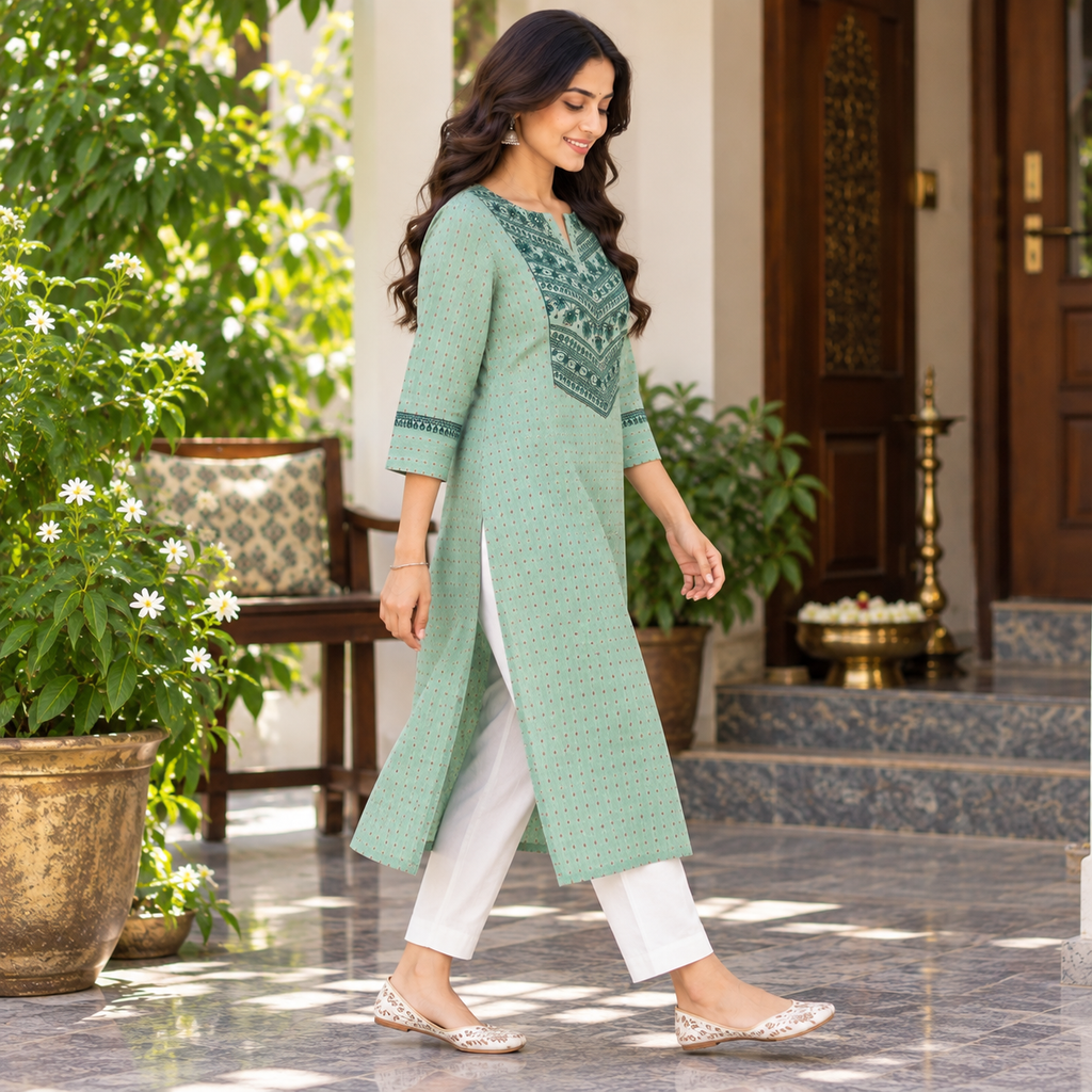 Anvita Pista Green Printed Cotton Kurti with V-Neck & Floral Print