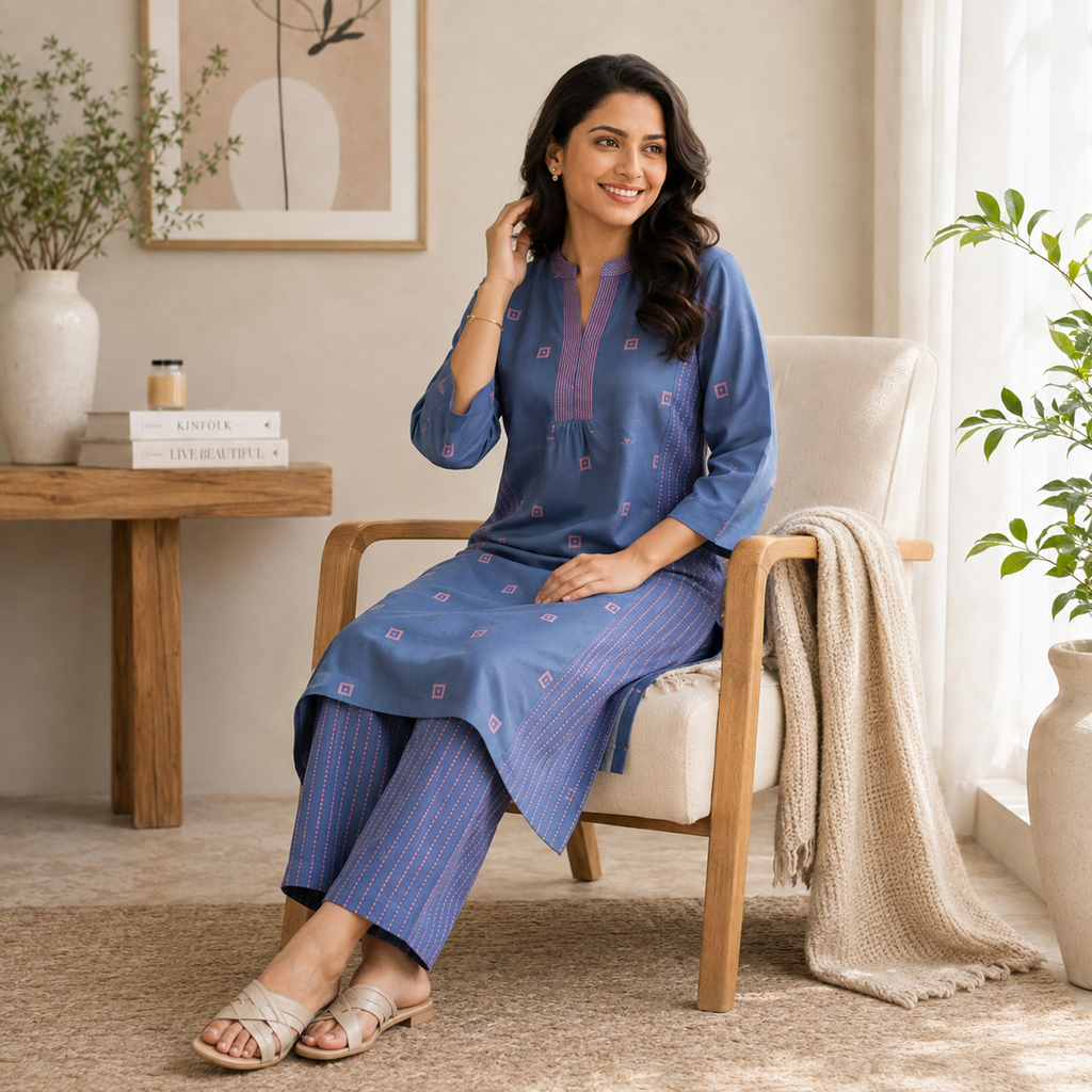 Anvita Blue & Pink Geometric Print Kurta Pant Set-Handloom Cotton