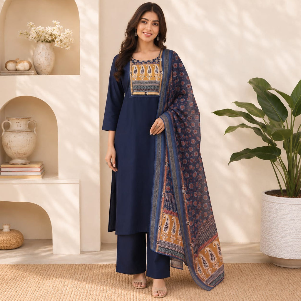 Revanta Navy Blue Roman Silk Kurta Pant Set with Printed Yoke & Coordinated Dupatta