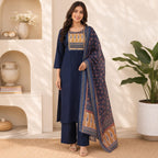 Revanta Navy Blue Roman Silk Kurta Pant Set with Printed Yoke & Coordinated Dupatta