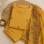 Revanta Golden Mustard Yellow Jamdani 3-Piece Suit – Floral Buti Motifs on Kurta & Dupatta – Elegant Festive Wear