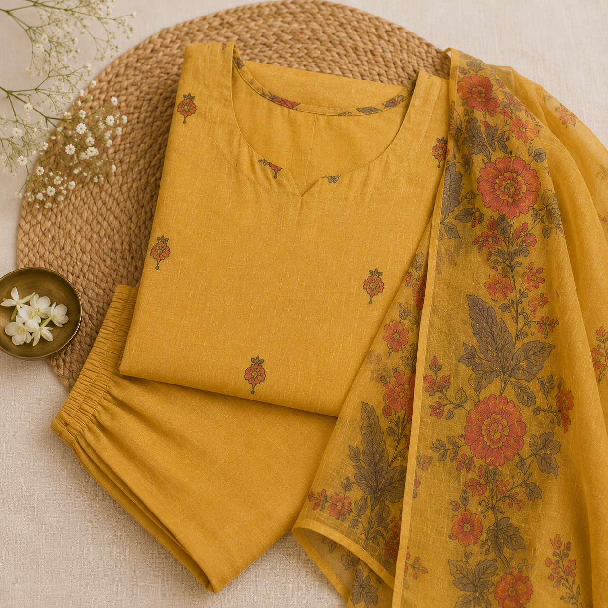 Revanta Golden Mustard Yellow Jamdani 3-Piece Suit – Floral Buti Motifs on Kurta & Dupatta – Elegant Festive Wear