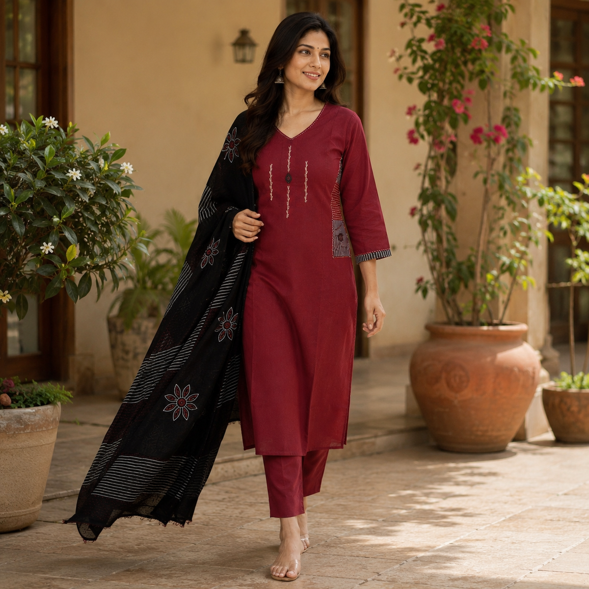 Revanta Maroon Embroidered Kurta Pant Set with Black Printed Dupatta & Mirror work