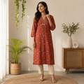 Revanta Rust Ethnic Floral Printed Kurta with Tassel Neckline