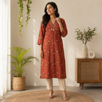 Revanta Rust Ethnic Floral Printed Kurta with Tassel Neckline