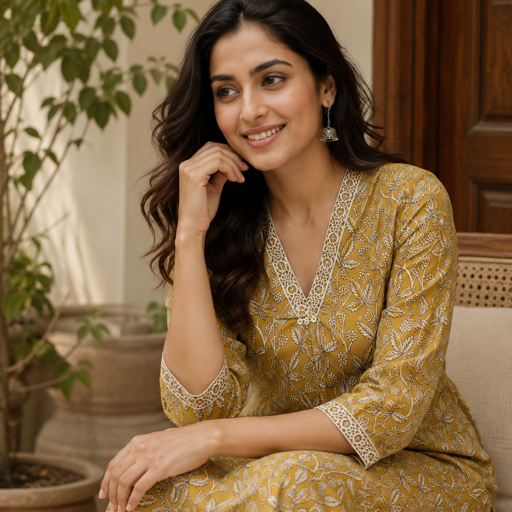 Anvita Mustard Yellow Cotton Printed Co-ord Set | V-Neck | Straight Fit