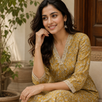 Anvita Mustard Yellow Cotton Printed Co-ord Set | V-Neck | Straight Fit