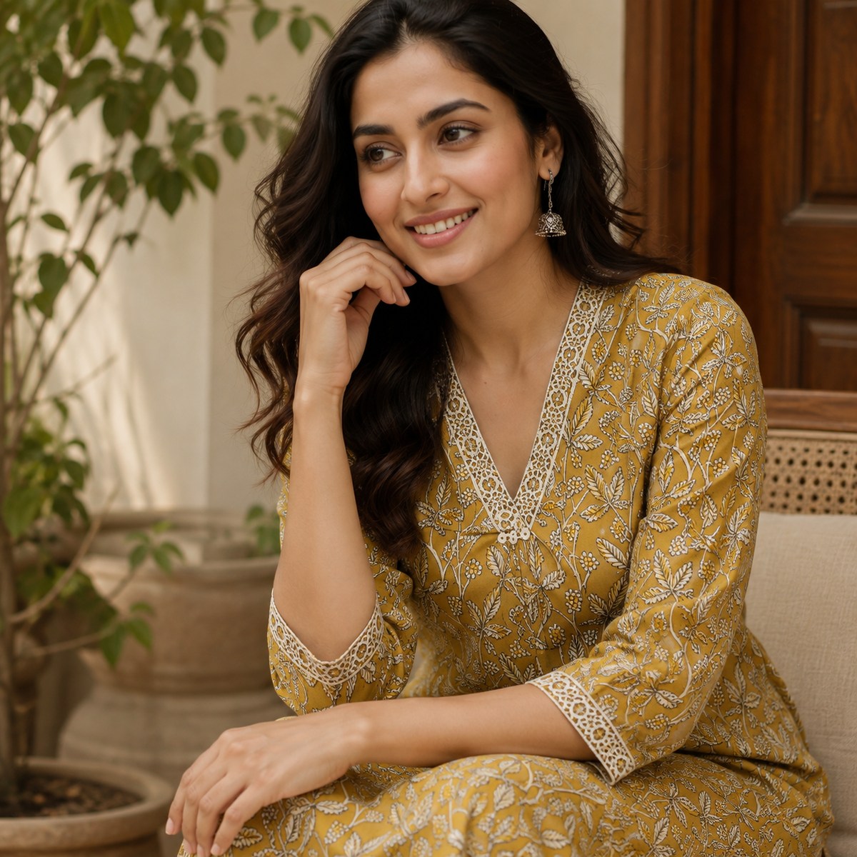 Anvita Mustard Yellow Cotton Printed Co-ord Set | V-Neck | Straight Fit