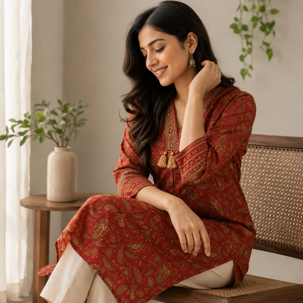 Revanta Rust Ethnic Floral Printed Kurta with Tassel Neckline