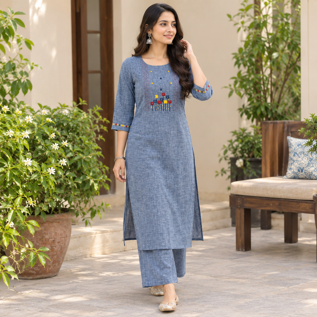 Anvita Handloom Cotton Kurta Pant Set | Blue Floral Embroidered Kurta with Glass Work