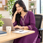 Anvita Purple Cotton Kurti with Golden Vertical Stripes & Embroidery
